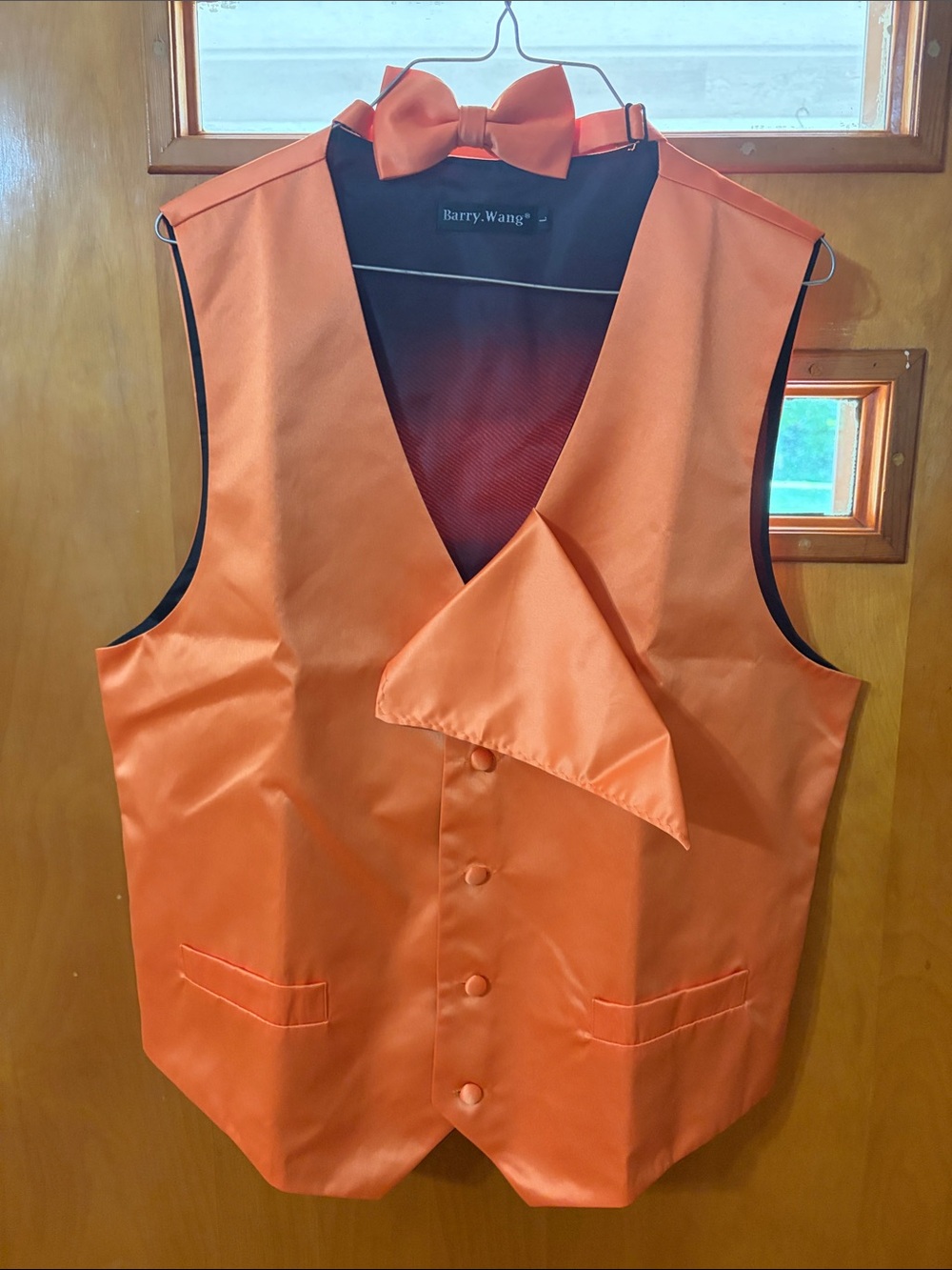 Orange Satin Men's Vest with Matching Bow Tie, Handkerchief, Tie, Cuff Links, &